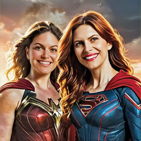 Two women smiling in superhero costumes, one dressed as Wonder Woman and the other as Supergirl, standing side by side with a bright sky background.