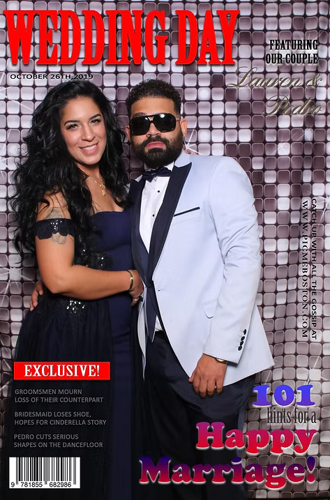 Couple posing together on a mock wedding magazine cover, with the headline 'Wedding Day' and playful captions about marriage.