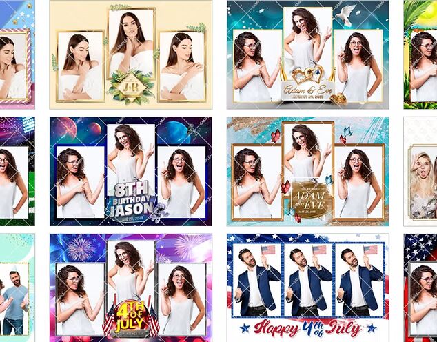 Collage of customizable photo booth templates for events, including weddings, birthdays, and holiday celebrations like the 4th of July.